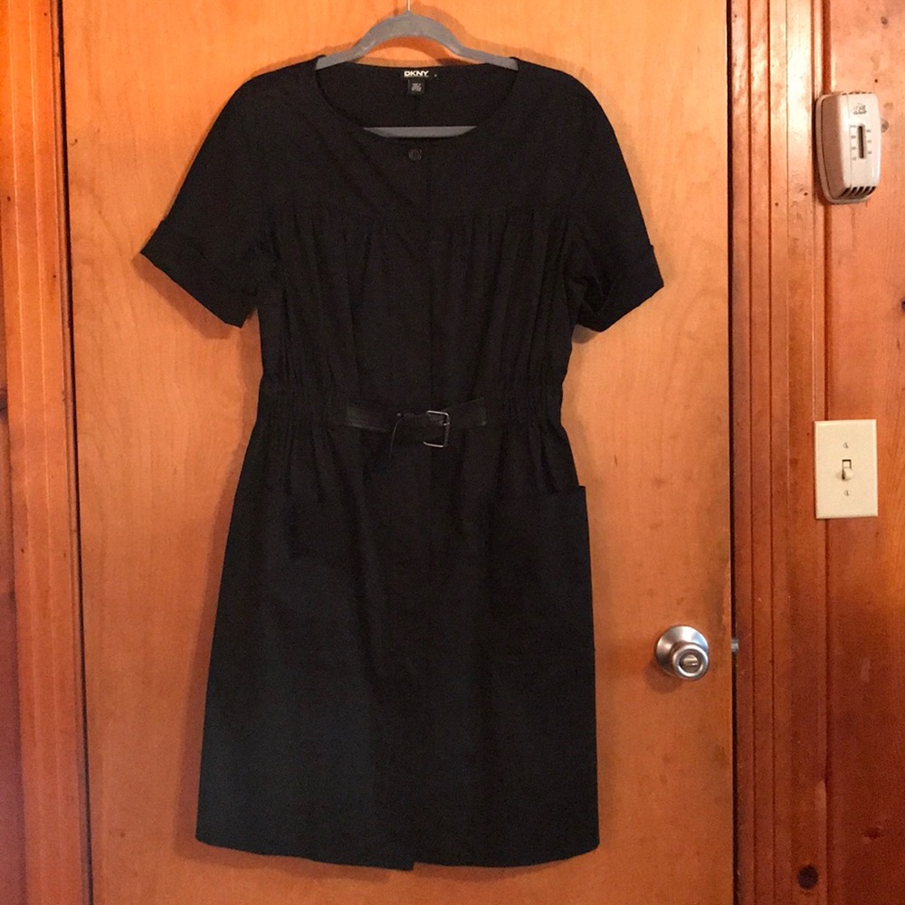 DKNY Belted Black Front Button Down Midi Dress